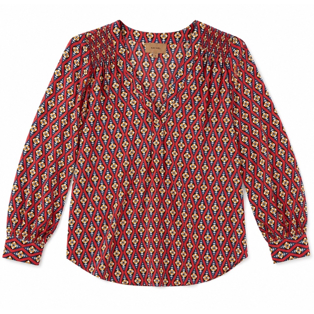 Kachel Red Blue Geometric Diamond Print 100% Silk V-Neck Blouse Size 2